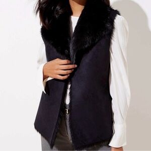 LOFT Black Faux-Fur Trim Sleeveless Vest
